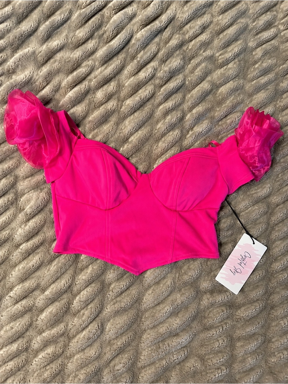 Fuchsia Puff-Sleeve Bustier Crop Top